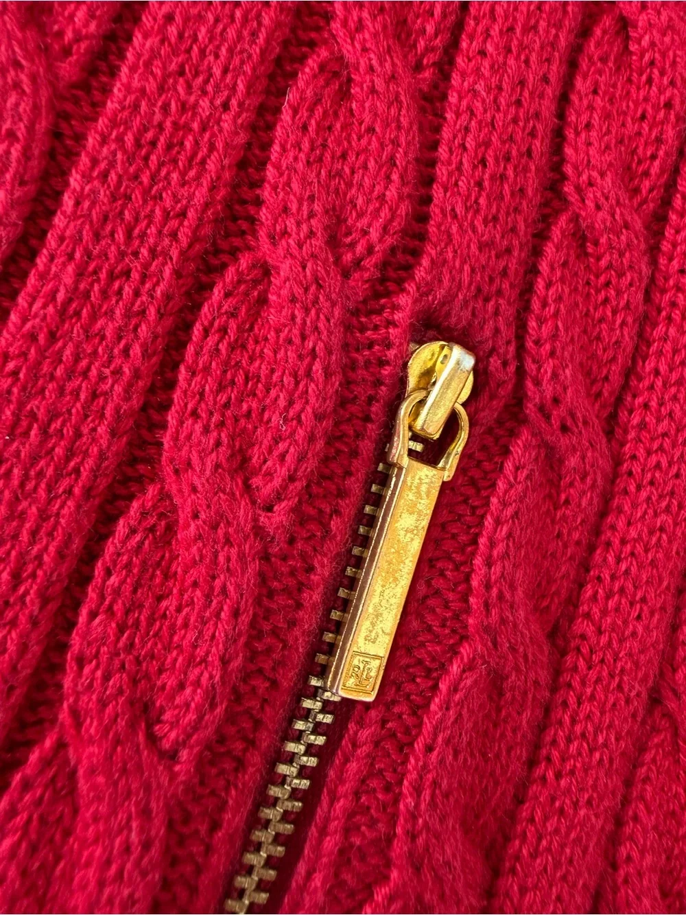 Ralph Lauren Bright Red Cable-Knit Zip Cardigan with Crest